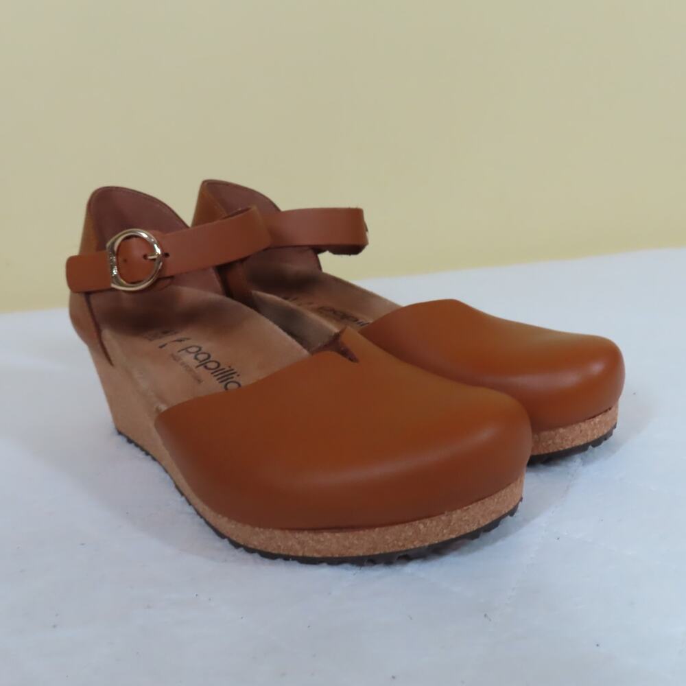 Papillio Birkenstock Cognac Brown Leather Mary Ring-Buckle Wedge Sandals Sz 10